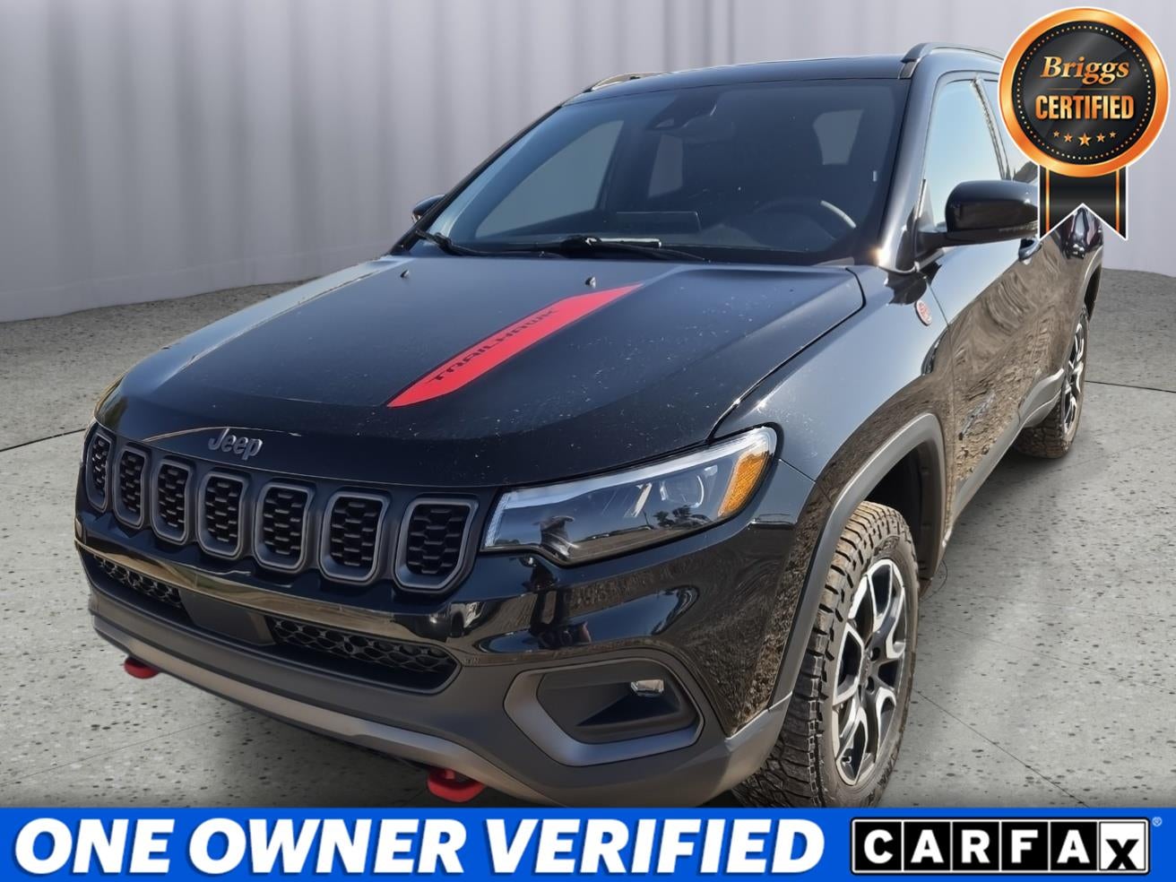 2024 Jeep Compass Trailhawk 4x4 in Diamond Black Crystal Pearlcoat — front three-quarter view