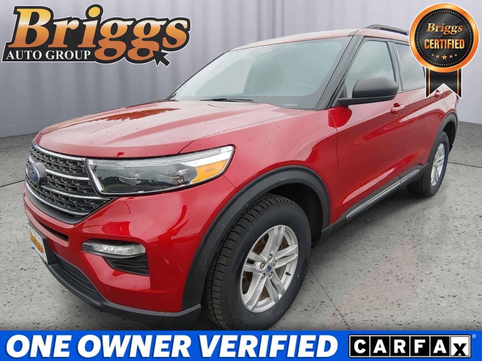 2023 Ford Explorer XLT in Rapid Red Metallic Tinted Clearcoat — front three-quarter view